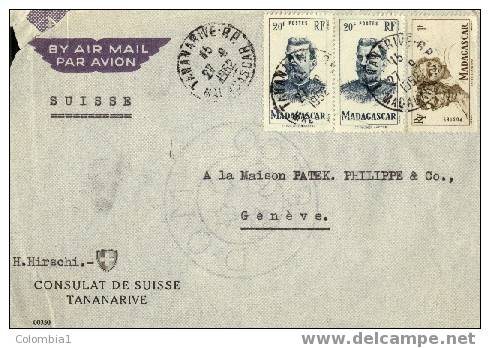 Lettre Du Consulat De TANANARIVE 1952 Via GENEVE En Suisse - Brieven En Documenten