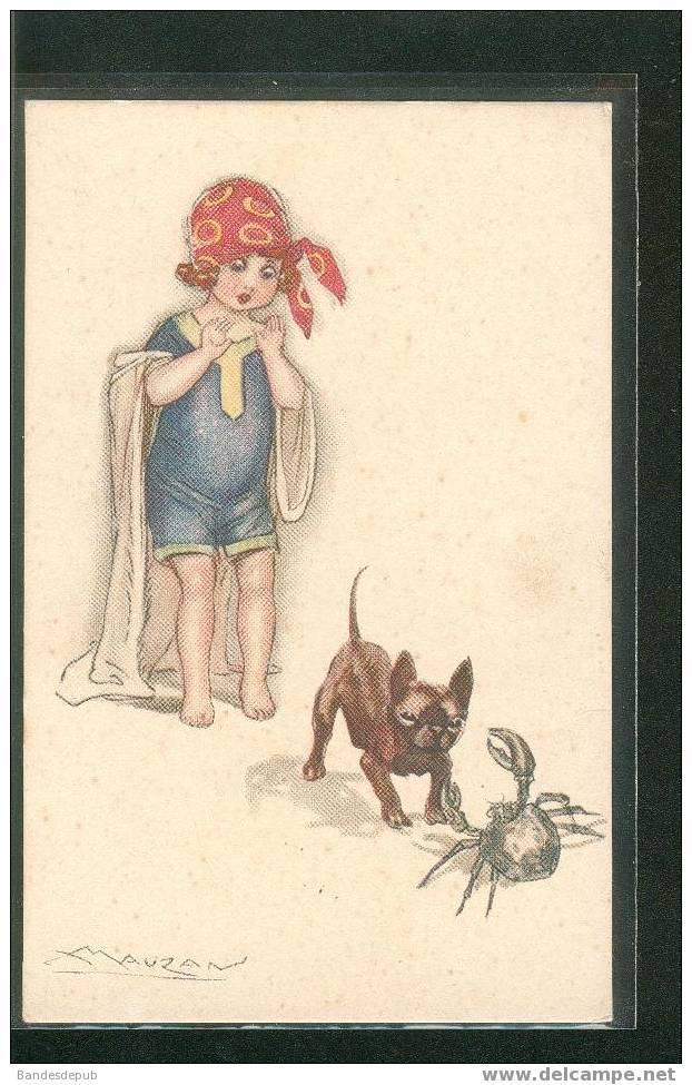 Belle Carte Italienne Illustrée Par Mauzan Enfant Chien Crabe Tenue De Bain Bord De Mer Peur - Mauzan, L.A.