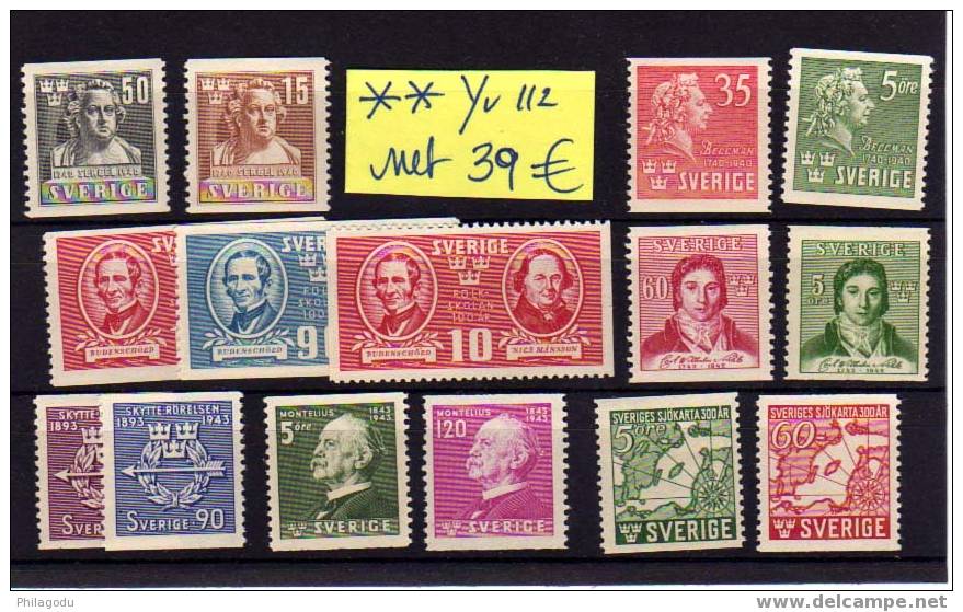 1940-44 ++  Sculpteur Sergel, Carl Wilhelm Schelle, Oscar Montelius,Rudenschold, Manssons Cote 112E - Unused Stamps