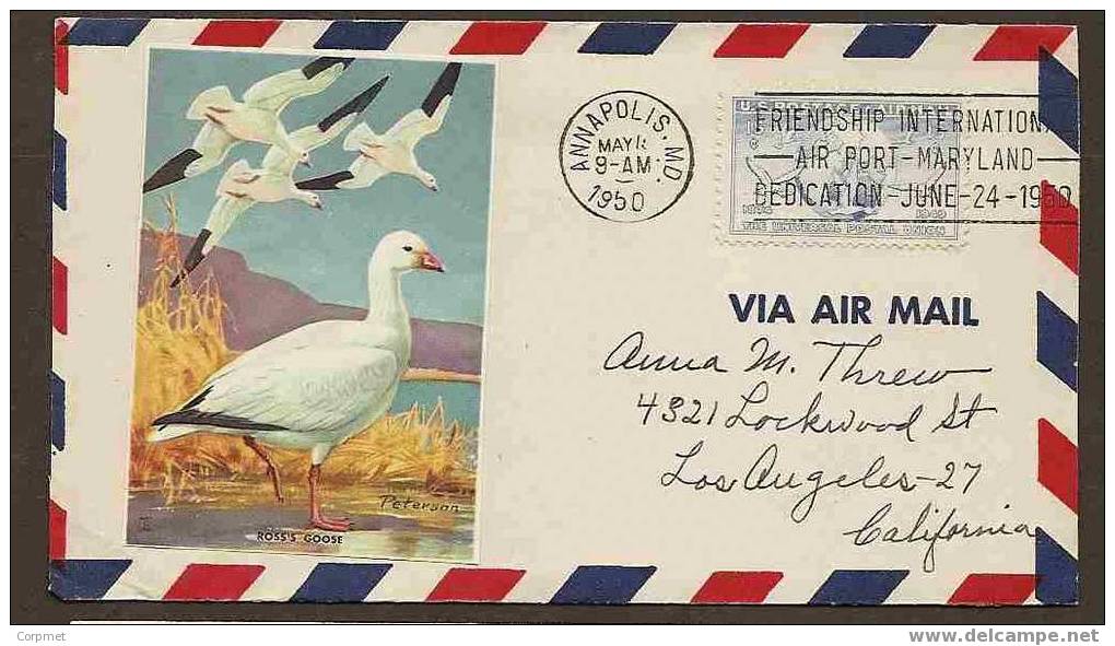 DUCKS ADHESIVE On COMM COVER ANNAPOLIS 1950 With Airmail Scott C43 - Glove And Doves - Canards