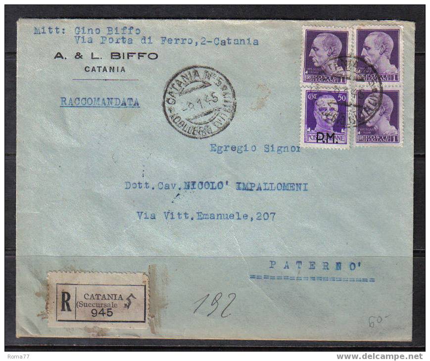 SP1372 - LUOGOTENENZA , DA CATANIA 8/1/1945 . Raccomandata . - Storia Postale