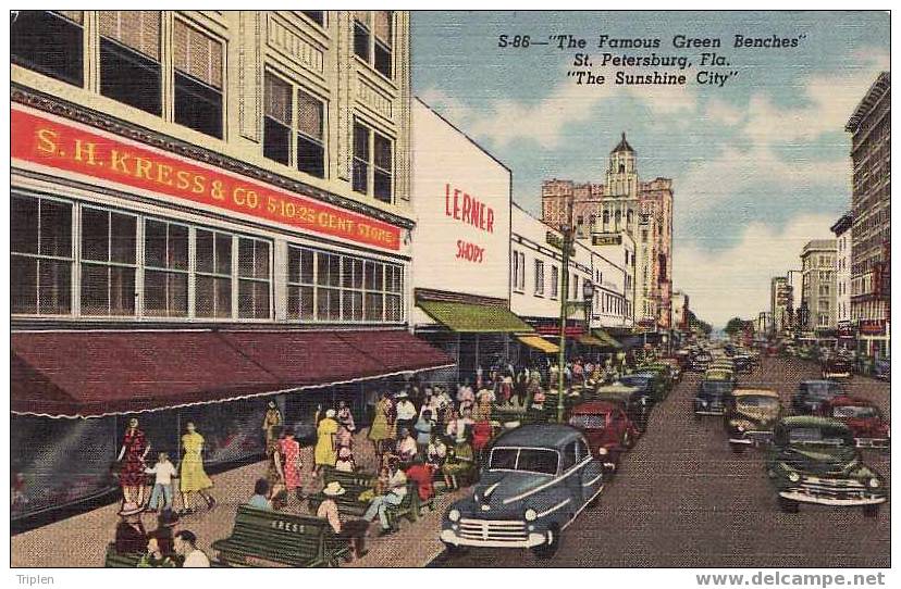 The Famous Green Benches - St. Petersburg, Fla. \"The Sunshine City\" - St Petersburg