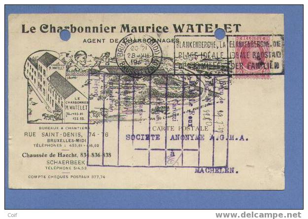 200 Op Kaart "Le Charbonnier Maurice Watelet (Schaerbeek)" Met Stempel BRUSSEL - 1922-1927 Houyoux