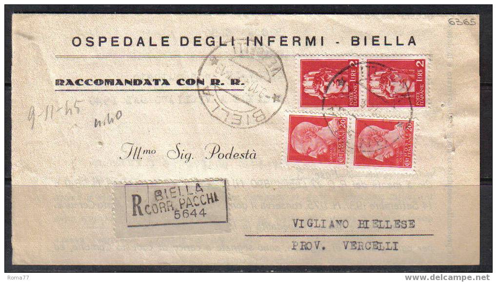 SP1379 - LUOGOTENENZA , DA BIELLA  9/11/1945 . Raccomandata . - Poststempel