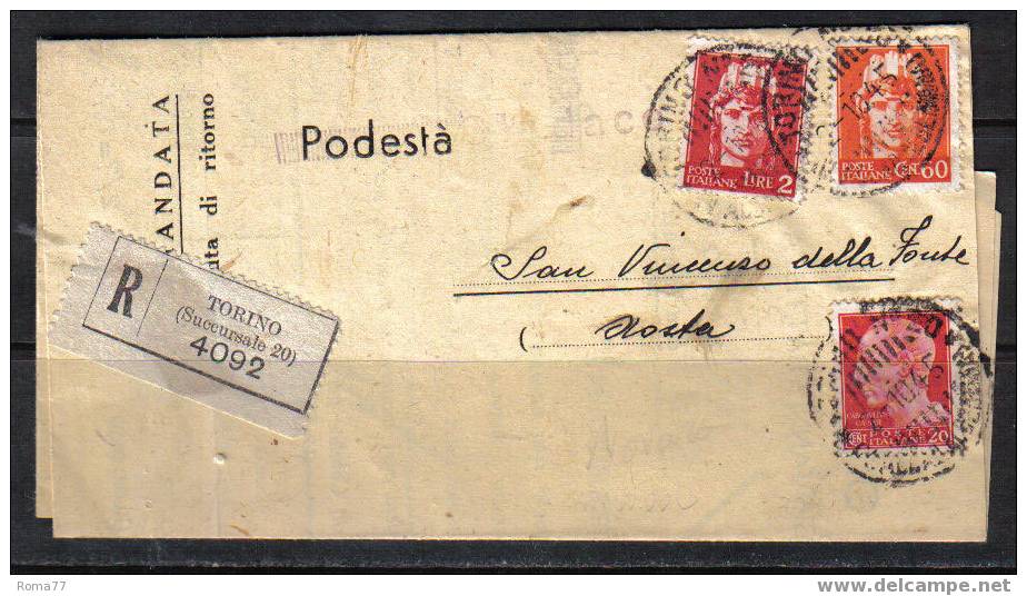 SP1383 - LUOGOTENENZA , DA TORINO 2/10/1945 .  Raccomandata . - Poststempel