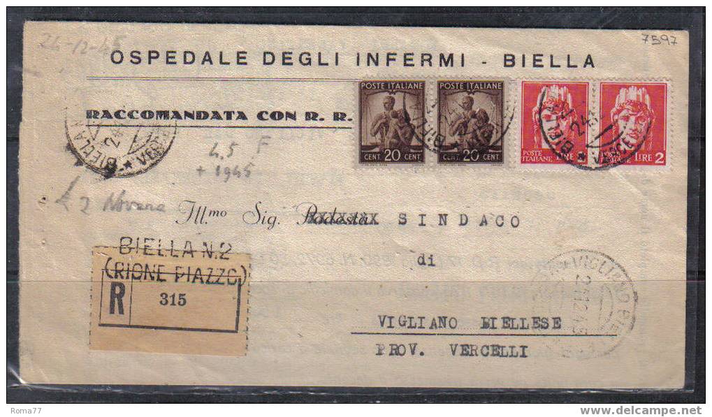 SP1386 - LUOGOTENENZA , DA BIELLA 24/12/1945 .  Raccomandata . - Marcophilie