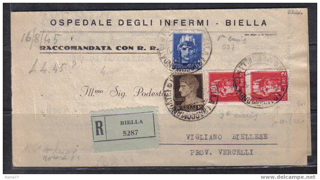 SP1389 - LUOGOTENENZA , DA BIELLA 16/8/1945 .  Raccomandata . - Storia Postale