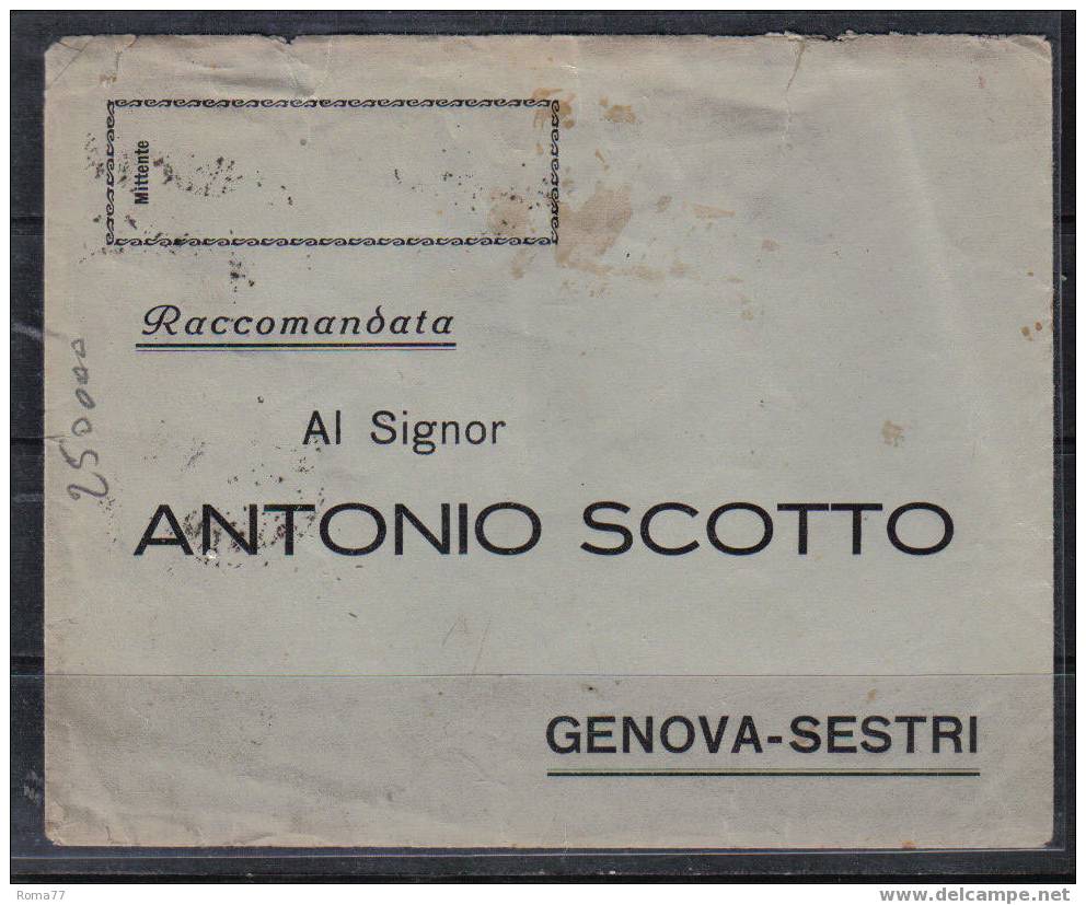 SP1391 - LUOGOTENENZA , DA GENOVA 7/9/1945 .  Raccomandata . - Storia Postale