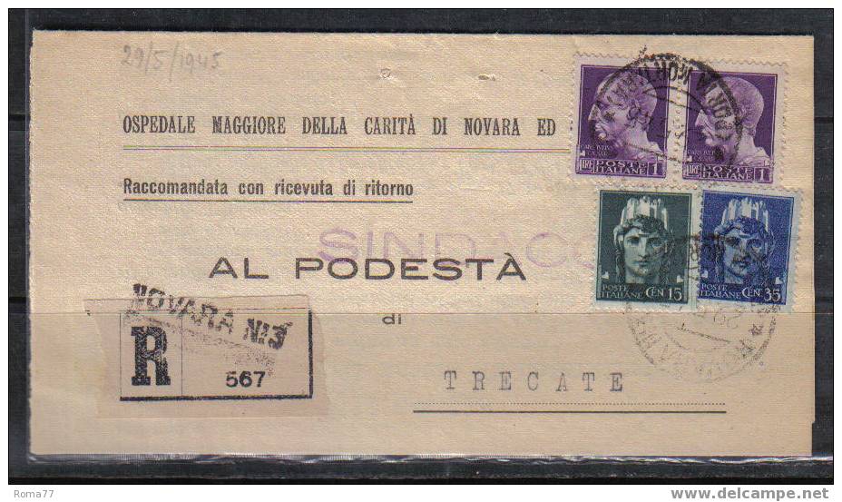 SP1394 - LUOGOTENENZA , DA NOVARA 29/5/1945 . Raccomandata . Tariffa 2,50 Lire - Marcophilie