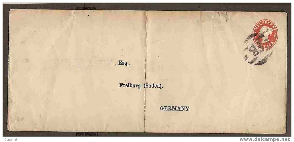 VICTORIA ENTIRE TO FREIBURG, BADEN, GERMANY Tied By FB (Foreign Britain) Cancellation - File Crease Not Affecting Stamp - Entiers Postaux