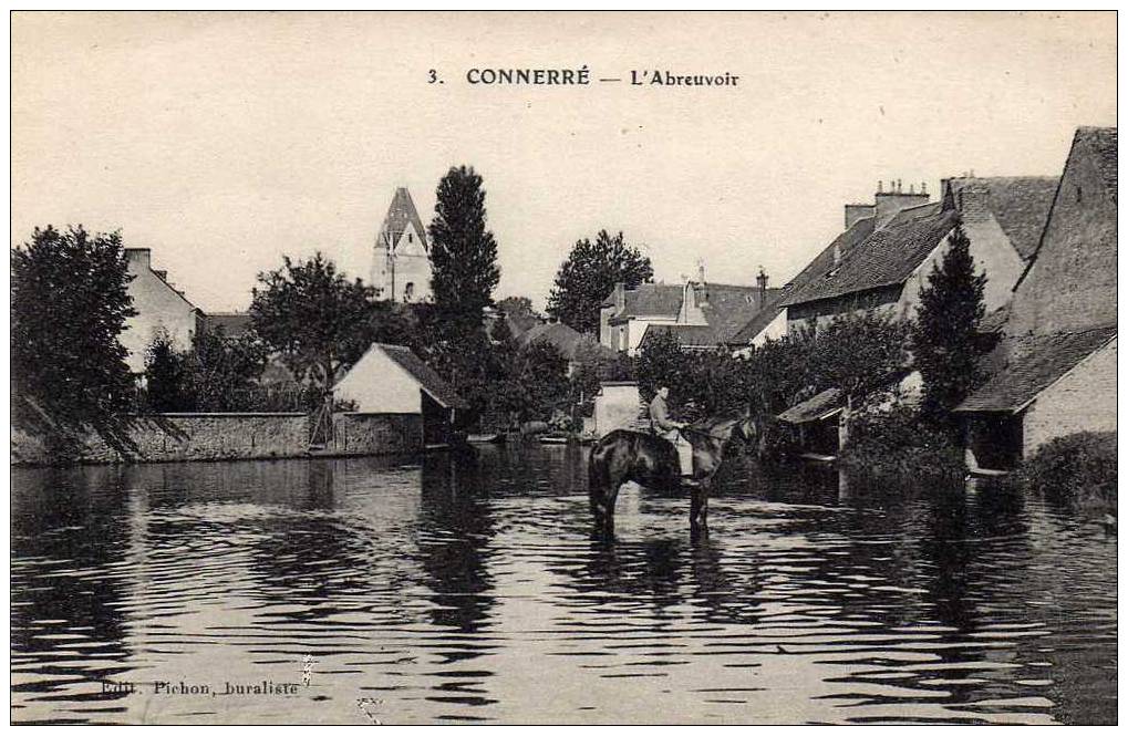 72 CONNERRE Abreuvoir, Animée, Cheval, Ed Pichon 3, 1927 - Connerre