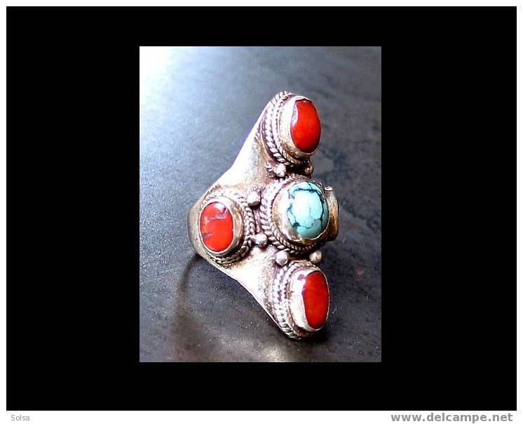 Bague Tsechok Tibétaine Argent Corail Turquoise / Tsechok Ring - Ethniques