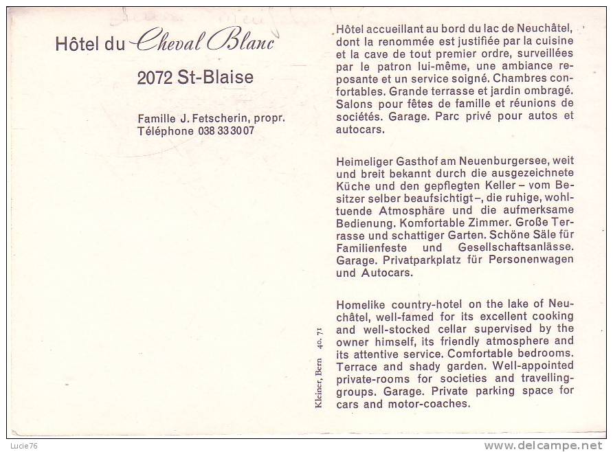 SAINT BLAISE - Hôtel  Du " CHEVAL BLANC " - Famille J. FETSCHERIN Propriétaire - Saint-Blaise