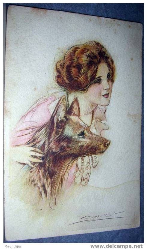 Signatured, Mauzan Lucien Achille, Woman, Dog, Vintage Postcard - Mauzan, L.A.