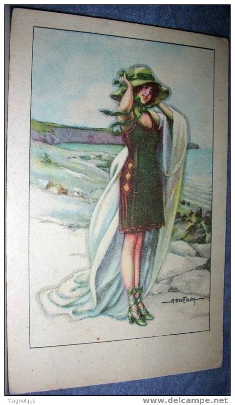 Signatured, A. Bertiglia, Woman On A Beach, Sea, Vintage Postcard - Sonstige & Ohne Zuordnung