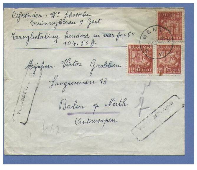 762(2) Op Brief Met Stempel GENT,en Stempel TERUGBETALING (CONTRE REMBOURSEMENT) Enkel In Het Nederlands !!! - 1948 Export