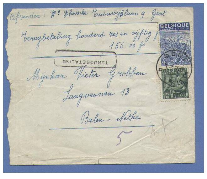 768+771 Op Brief Met Stempel GENT,en Stempel TERUGBETALING (CONTRE REMBOURSEMENT) Enkel In Het Nederlands !!! - 1948 Exportación