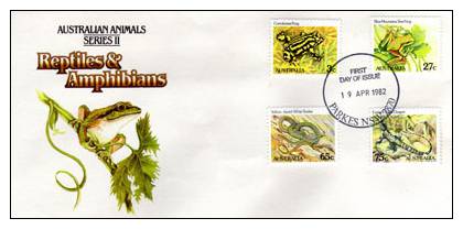 Grenouilles (Pseudophryne Corroboree),  Yellow-faced Whip Snake FDC AUSTRALIE 1982, PRIX REDUIT ! - Ranas