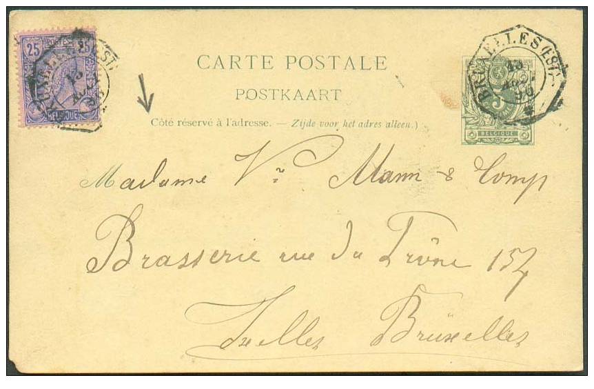 N°48 En Affr. Compl. S/E.P. Carte 5 C. Obl. Télégr. BRUXELLES (EST) En Exprès Vers La Brasserie Du Trône. - 2085 - Cartoline 1871-1909