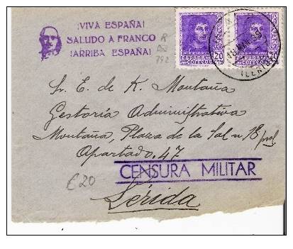 Ep245 /Spanien,  Ferdinand II, 20 Cts. Violett Als Paar  Auf Zensurbrief Mit Propagandastempel - Briefe U. Dokumente