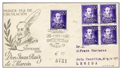 Ep246 / Spanien,  1. Sept. 1950 – De Allarcon (5 X) Auf Einschreiben 1. Tag, FDC - Briefe U. Dokumente