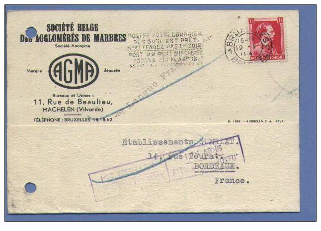 528 Op Kaart Met Stempel BRUSSEL Op 19/5/45 Naar Bordeaux (France) Met Stempel NOM ADMIS / RETOUR A L'ENVOYEUR - 1936-1957 Open Collar