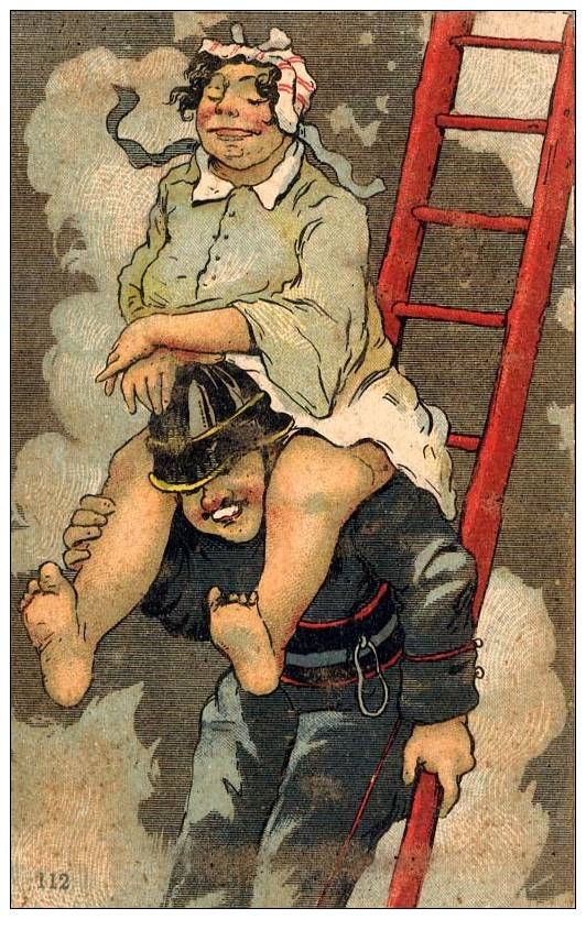 POMPIER Sur ÉCHELLE En Train De SAUVER Une FEMME En DÉSHABILLÉ... - TRÈS BELLE ILLUSTRATION COMIQUE - À VOIR ! (y-918) - Sapeurs-Pompiers