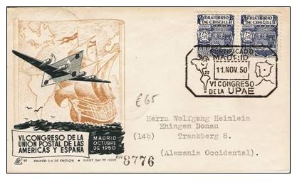 Ep254 SPANIEN1950 – Post Congres Madrid (UPAE Kongreso 11.11.1950) – Illustrierter Briefumschlag M. Sonderstempel  N. D. - Briefe U. Dokumente
