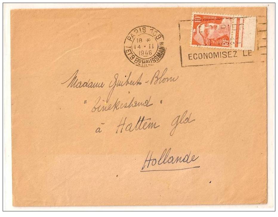 PARIS   L.S.E.  TARIF   PAYS-BAS  à 10F.MARIANNE  DE GANDON    N°722 - 1945-54 Marianna Di Gandon