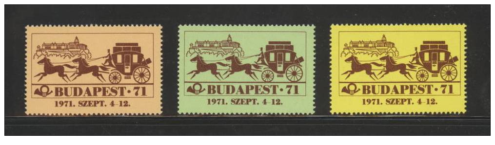 HUNGARY 1971 BUDAPEST PHILATELIC EXHIBITION EXPO SET OF 3 HORSE DRAWN CARRIAGES POSTER STAMPS NHM Stagecoach - Diligences