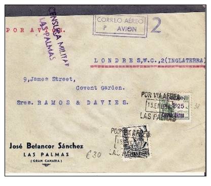Ec005/- SPANIEN -  Ex  Las Palmas 1938 – Luftpostzudruck Auf El Cid-Marke In Mischfrankatur - Briefe U. Dokumente