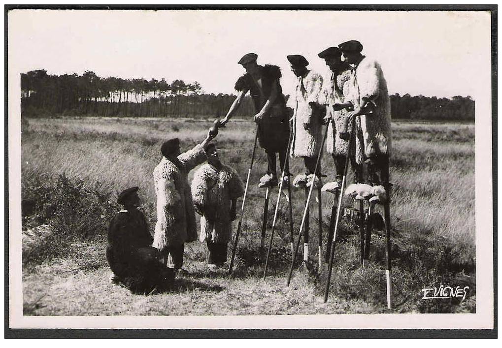 CPSM    AU PAYS LANDAIS   Un Groupe D'échassieurs  Béret   Poème De Jean André Jeannin  Peau De Mouton  Echasses - Midi-Pyrénées