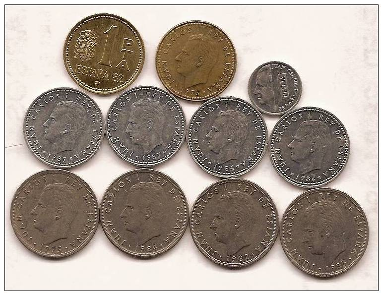 ESPAGNE,LOT DE 11 PIECES DE 1 ET 5 PESETAS,JUAN CARLOS I,ANNEES DIFERENTES. - 5 Pesetas