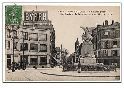 CPA 92 MONTROUGE - Le Rond Point - La Poste Et Le Monument Aux Morts (Publicite  BYRRH) - Montrouge