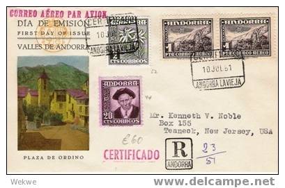 PAE013/  ANDORRA - Luftpost-Einschreiben Nach USA –  10. Jul. 1951 - Covers & Documents