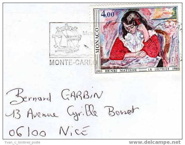 MONACO LETTRE HENRI MATISSE LA LECTRICE - Postmarks