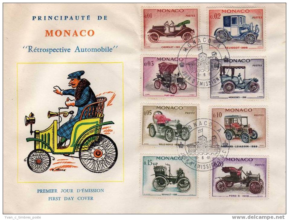 MONACO LETTRE FIRST DAY COVER RETROSPECTIVE AUTOMOBILE CHEVROLET / PEUGEOT / FIAT / MERCEDES / ROLLS / RENAULT / FORD - Marcophilie