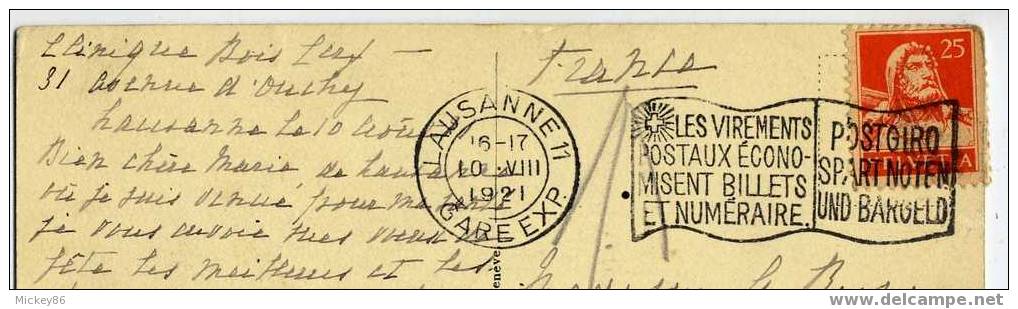 "Les Virements Postaux économisent Billets Et Numéraire"-1921-LAUSANNE Sur Carte Postale De Lausanne-belle Flamme-- - Máquinas De Franquear