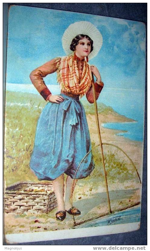 Fishing, Lady, Vintage Postcard - Fishing