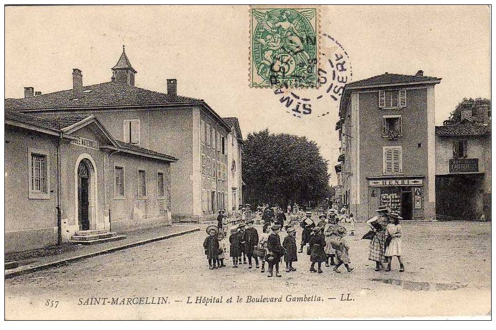 38 ST MARCELLIN Hopital Et Boulevard Gambetta, Animée, Enfants, Ed LL 857, 1907 - Saint-Marcellin