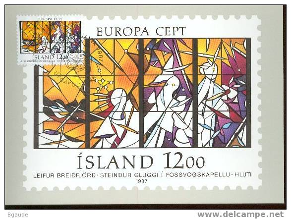 ISLANDE    EUROPA CEPT 87 CARTE MAXIMUM NUM YVERT 618 ARCHITECTURE  VITRAUX  DE FASSVAGUR - 1987