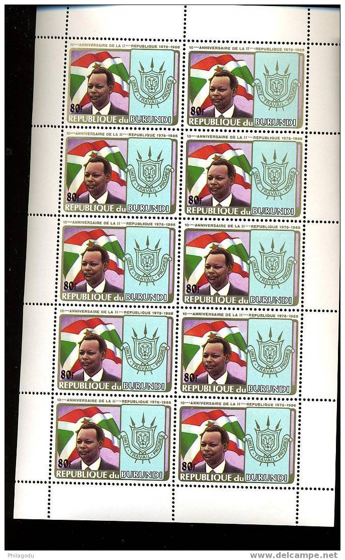 Drapeau Et Le Président   BURUNDI  1986 NON EMIS   Rare Feuillet De 10 ++  Never Issued  POSTFRICH - Stamps