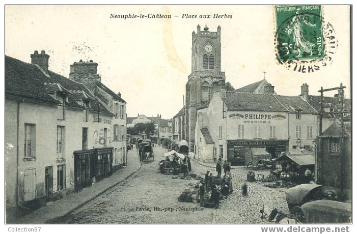 78 - YVELINES - NEAUPHTE Le CHATEAU - PLACE Aux HERBES - MARCHE - COMMERCES - BELLE CARTE -  EDIT. PAVIE - Neauphle Le Chateau