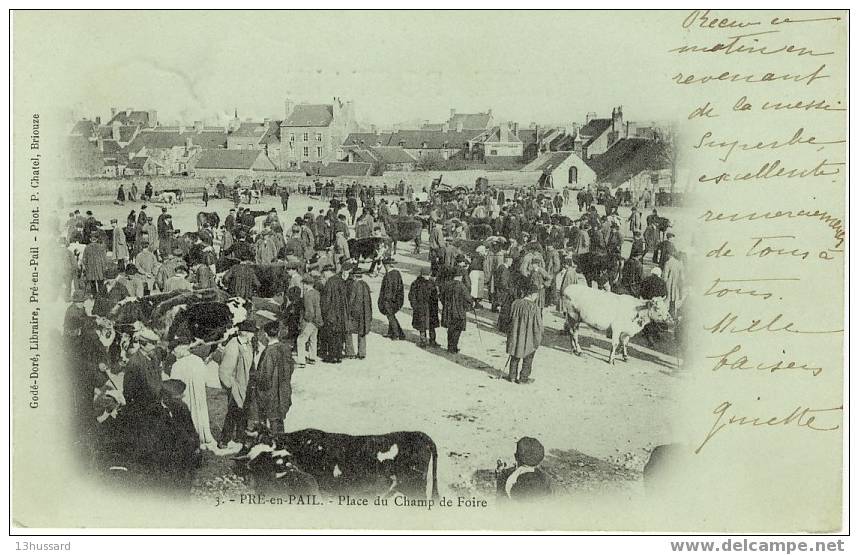 Carte Ancienne Pré En Pail - Place Du Champ De Foire - Bovins - Pre En Pail