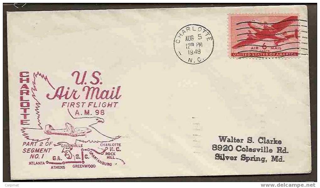 US - CHARLOTTE 1949 US FIRST FLIGHT A.M. 98  - VF COMM COVER - Andere (Lucht)