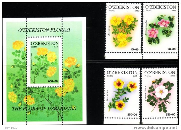 UZBEKISTAN- 2006-  ROSES OF CENTRAL ASIA - Complete Set MNH + Block - Roses