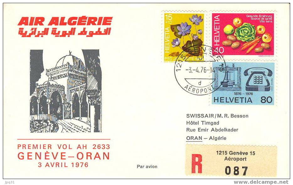 Enveloppe Premier Vol Air Algérie Genève (Suisse) - Oran 03/04/76 - Avions
