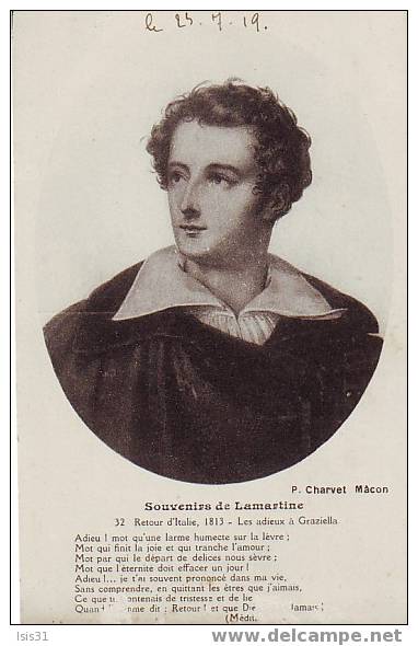 Célébrités - Ecrivains - Philosophie & Pensées - Ecrivain Lamartine - Retour D´Italie 1813 - Les Adieux à Graziella - Ecrivains