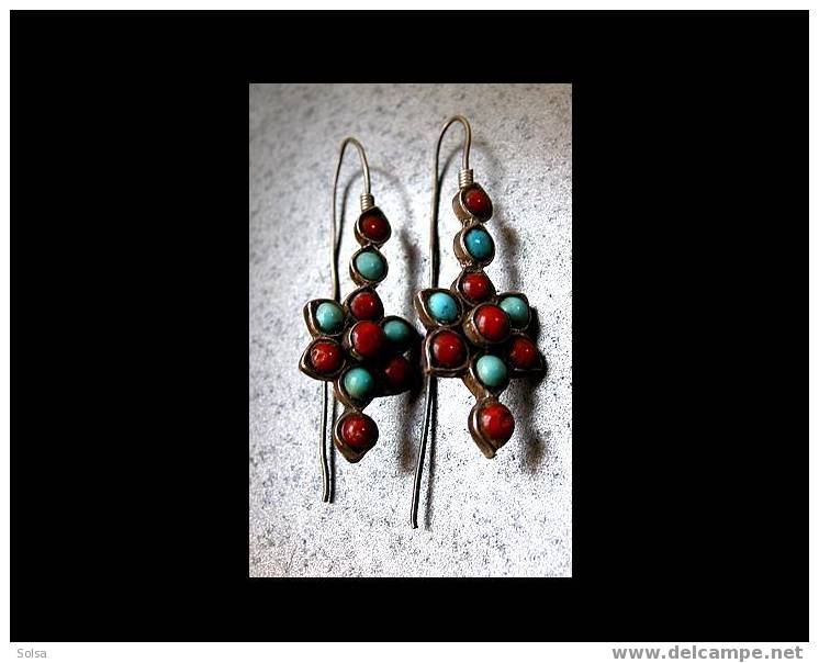 Boucles D´oreille Navajo Années 50 Argent Turquoise Corail / Vintage Navajo Indian Silver Earings - Boucles D'oreilles