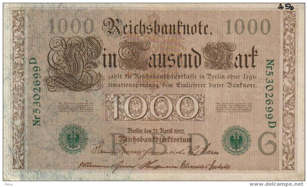 GERMANY 1000 MARKS  LIGHT BROWN FRONT WOMAN BACK DATED 21041910 AUNC  PICK 45b READ DESCRIPTION !! - 1000 Mark